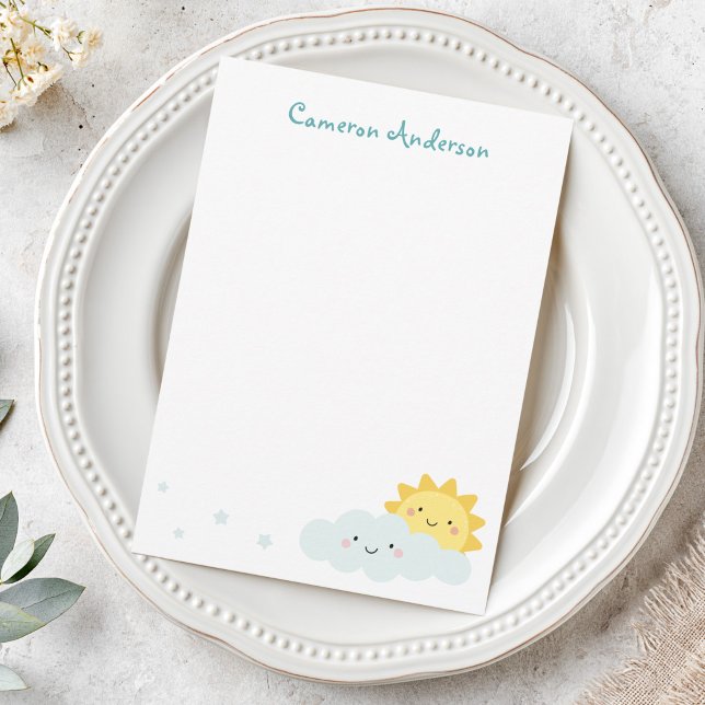 Cute kawaii sun and cloud personalised name text card (Cute kawaii sun and cloud personalized name text note card)