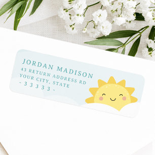 Cute kawaii sun and pastel clouds return address