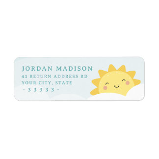 Cute kawaii sun and pastel clouds return address