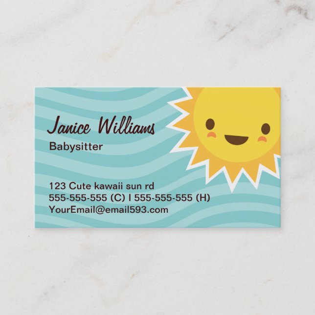 Cute kawaii sun cartoon character aqua babysitter business card (Front)