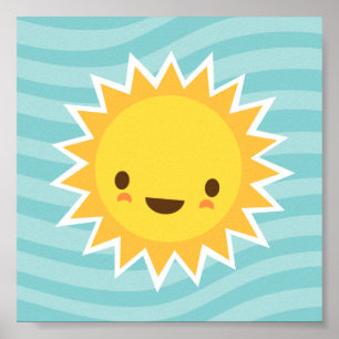 Cute kawaii sun cartoon character on blue kids poster