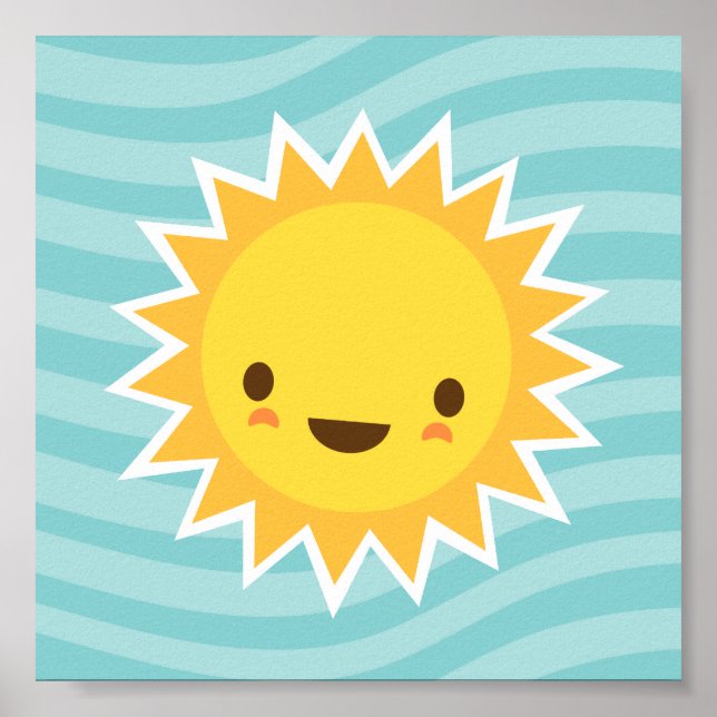 Cute kawaii sun cartoon character on blue kids poster (Front)