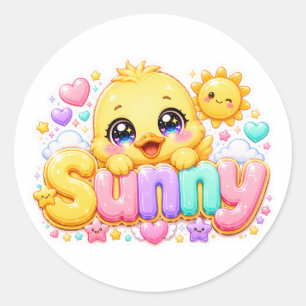 Cute Kawaii Sunny Chick Name Pastel Pink Sparkling Classic Round Sticker