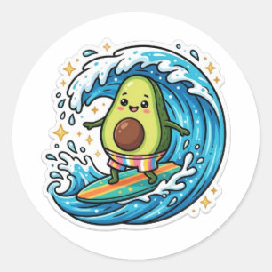 Cute Kawaii Surfing Avocado Ocean Wave SummSticker Classic Round Sticker