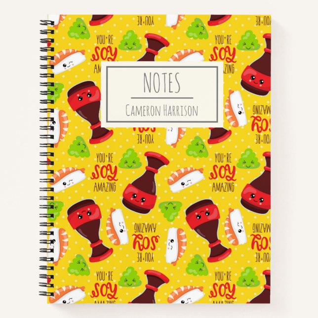 Cute Kawaii Sushi Food Puns Personalised Kids Name Notebook (Front)