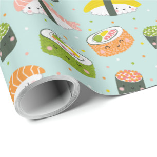 Cute Kawaii Sushi on light blue Wrapping Paper