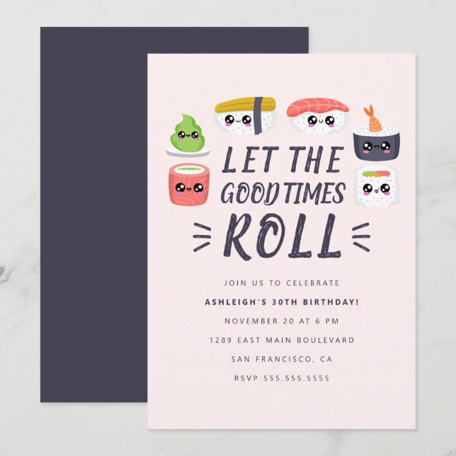 Cute Kawaii Sushi Rolls Birthday Party Invitation (Front/Back)