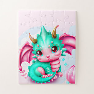 Cute Kawaii Teal and Pink Baby Dragon  Jigsaw Puzzle