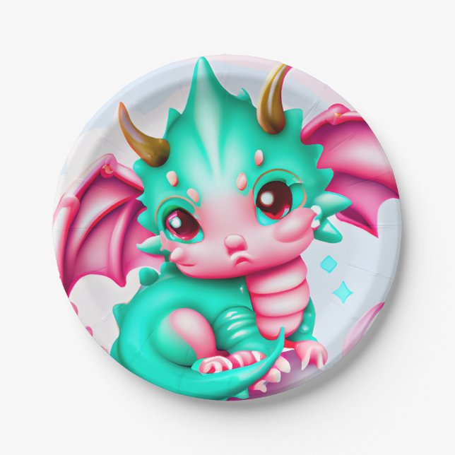 Cute Kawaii Teal and Pink Baby Dragon  Paper Plate (Front)