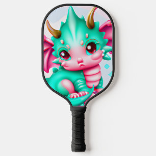 Cute Kawaii Teal and Pink Baby Dragon Pickleball Paddle