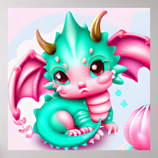 Cute Kawaii Teal and Pink Baby Dragon Poster (Front)