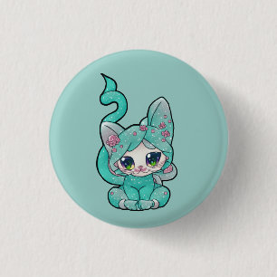 Cute Kawaii Teal Kitten   3 Cm Round Badge