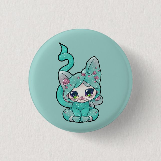 Cute Kawaii Teal Kitten   3 Cm Round Badge (Front)