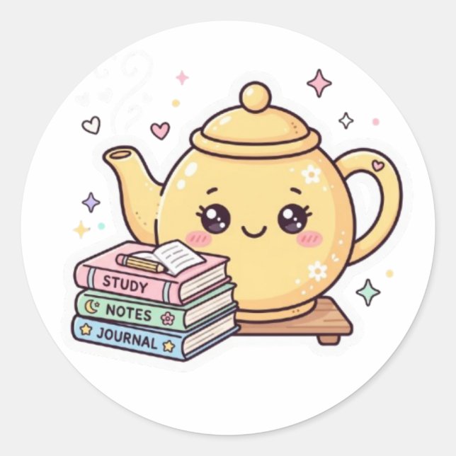 Cute Kawaii Teapot Study Notes Journal BookSticker Classic Round Sticker (Front)