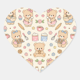 Cute Kawaii Teddy Bear Baking Pattern Cozy Kitch Heart Sticker