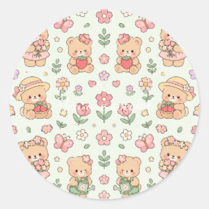 Cute Kawaii Teddy Bear Flower Garden Pattern Pas Classic Round Sticker