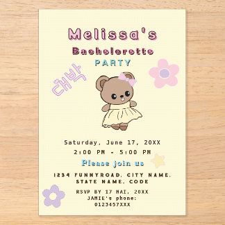 Cute kawaii teddy bear girly funny birthday party acrylic invitations