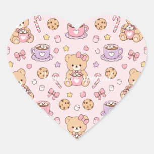 Cute Kawaii Teddy Bear Hot Cocoa Pattern Pink Heart Sticker