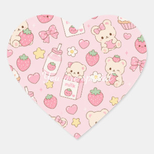 Cute Kawaii Teddy Bear Strawberry Pattern Pink Heart Sticker