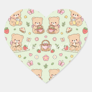 Cute Kawaii Teddy Bear Strawberry Picnic Pattern Heart Sticker