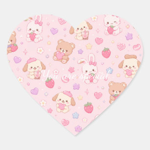 Cute Kawaii Teddy Bears & Strawberries Pattern Heart Sticker