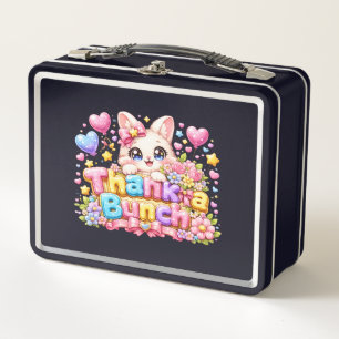 Cute Kawaii Thank a Bunch Cat Name Pastel Pink Flo Metal Lunch Box