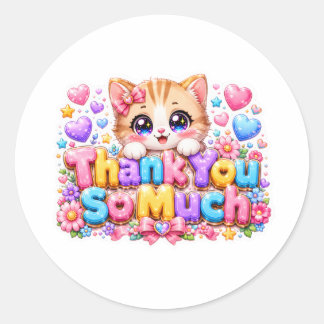 Cute Kawaii Thank You So Much Cat Name Pastel Pink Classic Round Sticker
