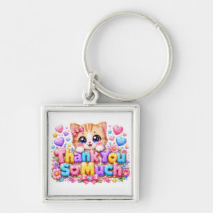 Cute Kawaii Thank You So Much Cat Name Pastel Pink Key Ring