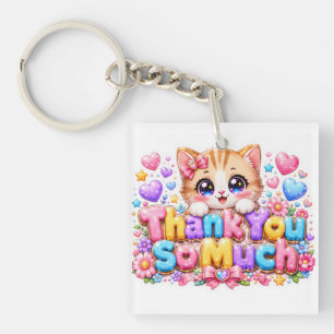 Cute Kawaii Thank You So Much Cat Name Pastel Pink Key Ring