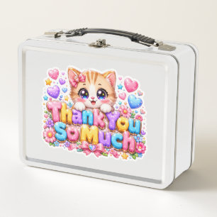 Cute Kawaii Thank You So Much Cat Name Pastel Pink Metal Lunch Box