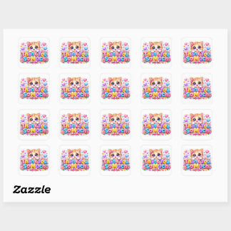 Cute Kawaii Thank You So Much Cat Name Pastel Pink Square Sticker