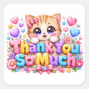 Cute Kawaii Thank You So Much Cat Name Pastel Pink Square Sticker