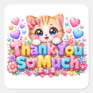 Cute Kawaii Thank You So Much Cat Name Pastel Pink Square Sticker