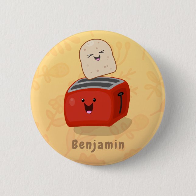 Cute kawaii toast and red toaster cartoon 6 cm round badge (Front)