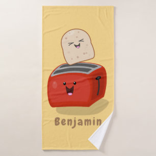 Cute kawaii toast and red toaster cartoon bath towel set