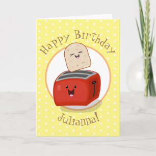 Cute kawaii toast and red toaster cartoon card