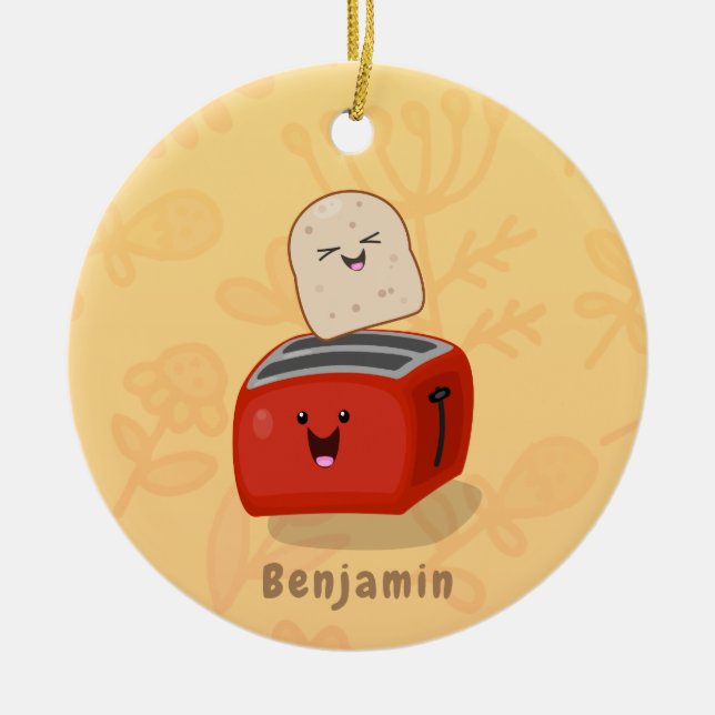 Cute kawaii toast and red toaster cartoon ceramic tree decoration (Front)