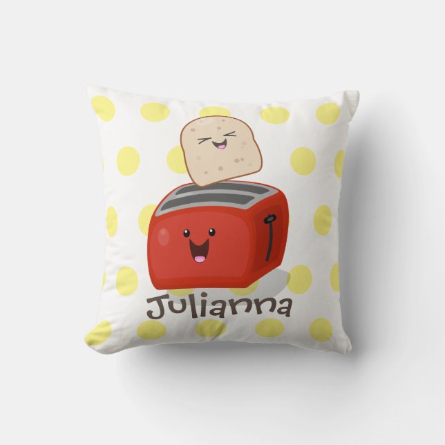Cute kawaii toast and red toaster cartoon cushion (Front)