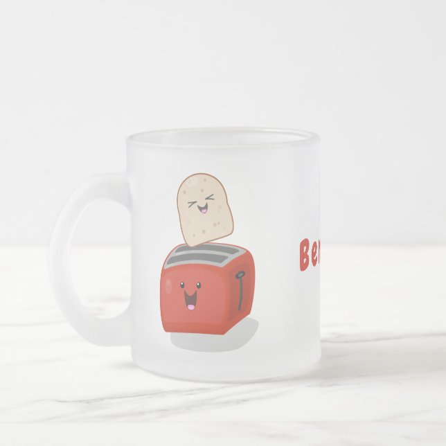 Cute kawaii toast and red toaster cartoon frosted glass coffee mug (Left)