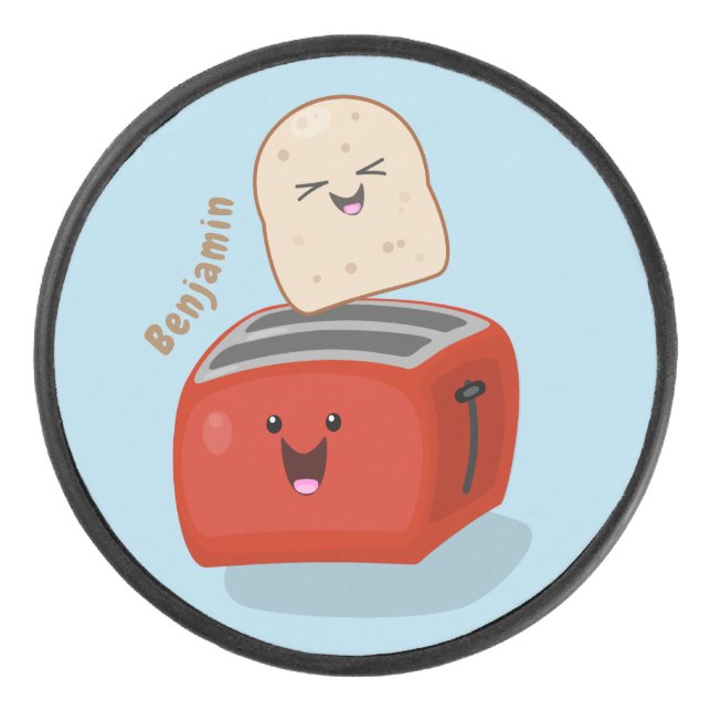 Cute kawaii toast and red toaster cartoon hockey puck (Front)