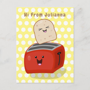 Cute kawaii toast and red toaster cartoon postcard