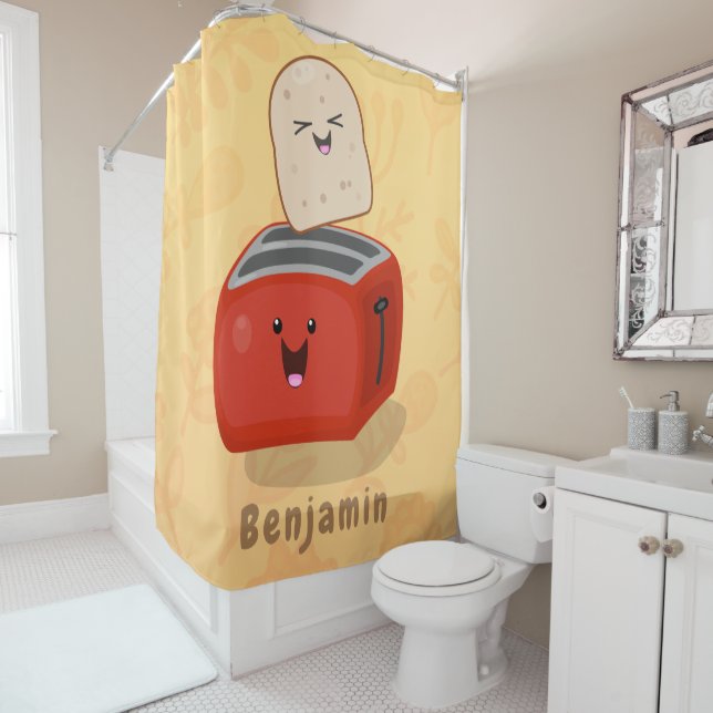 Cute kawaii toast and red toaster cartoon shower curtain (In Situ)