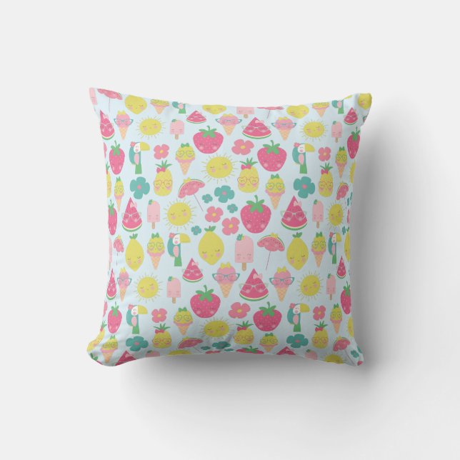 Cute Kawaii Tropical Fruit with Faces Pattern Cushion (Front)