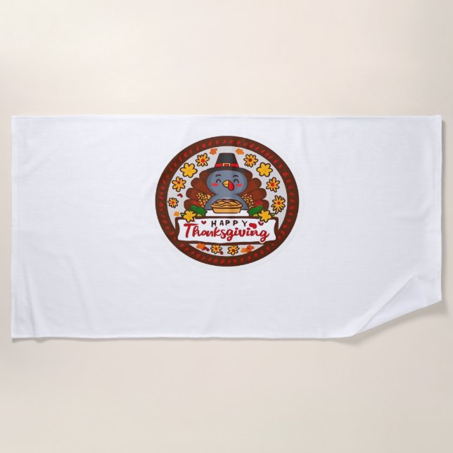 Cute Kawaii Turkey - Happy Thanksgiving Classic T- Beach Towel (Front)