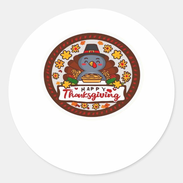 Cute Kawaii Turkey - Happy Thanksgiving Classic T- Classic Round Sticker (Front)