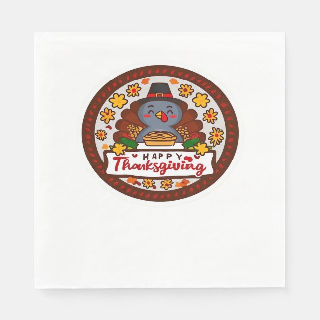 Cute Kawaii Turkey - Happy Thanksgiving Classic T- Napkin (Front)