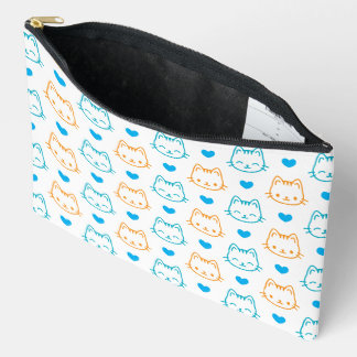 Cute Kawaii Turquoise and Orange Cat Faces Pattern Accessory Pouch