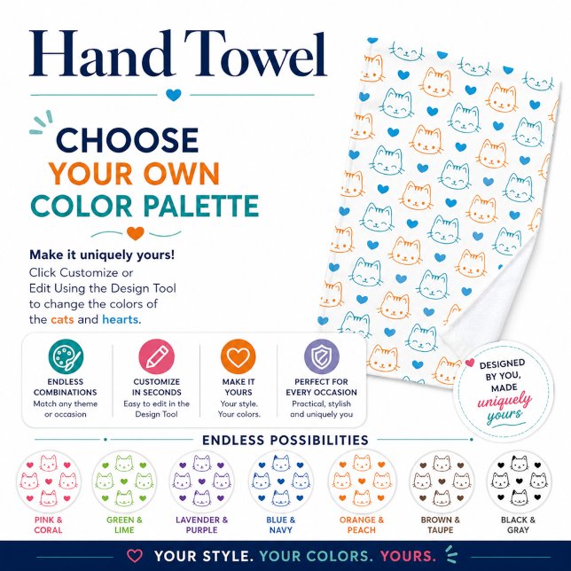 Cute Kawaii Turquoise and Orange Cat Faces Pattern Hand Towel (Creator Uploaded)