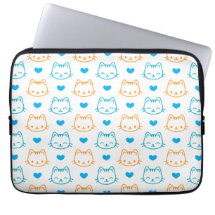 Cute Kawaii Turquoise and Orange Cat Faces Pattern Laptop Sleeve