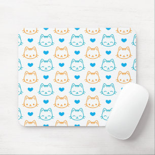 Cute Kawaii Turquoise and Orange Cat Faces Pattern Mouse Mat